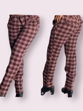Free People Crinkle Plaid Pegged Trouser Pants Maroon & Black Size 4